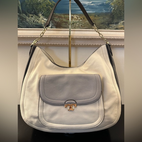 Tory Burch Handbags - Tory Burch Sammy Large Hobo Cream Grey Black Pebbled Leather Shoulder bag
